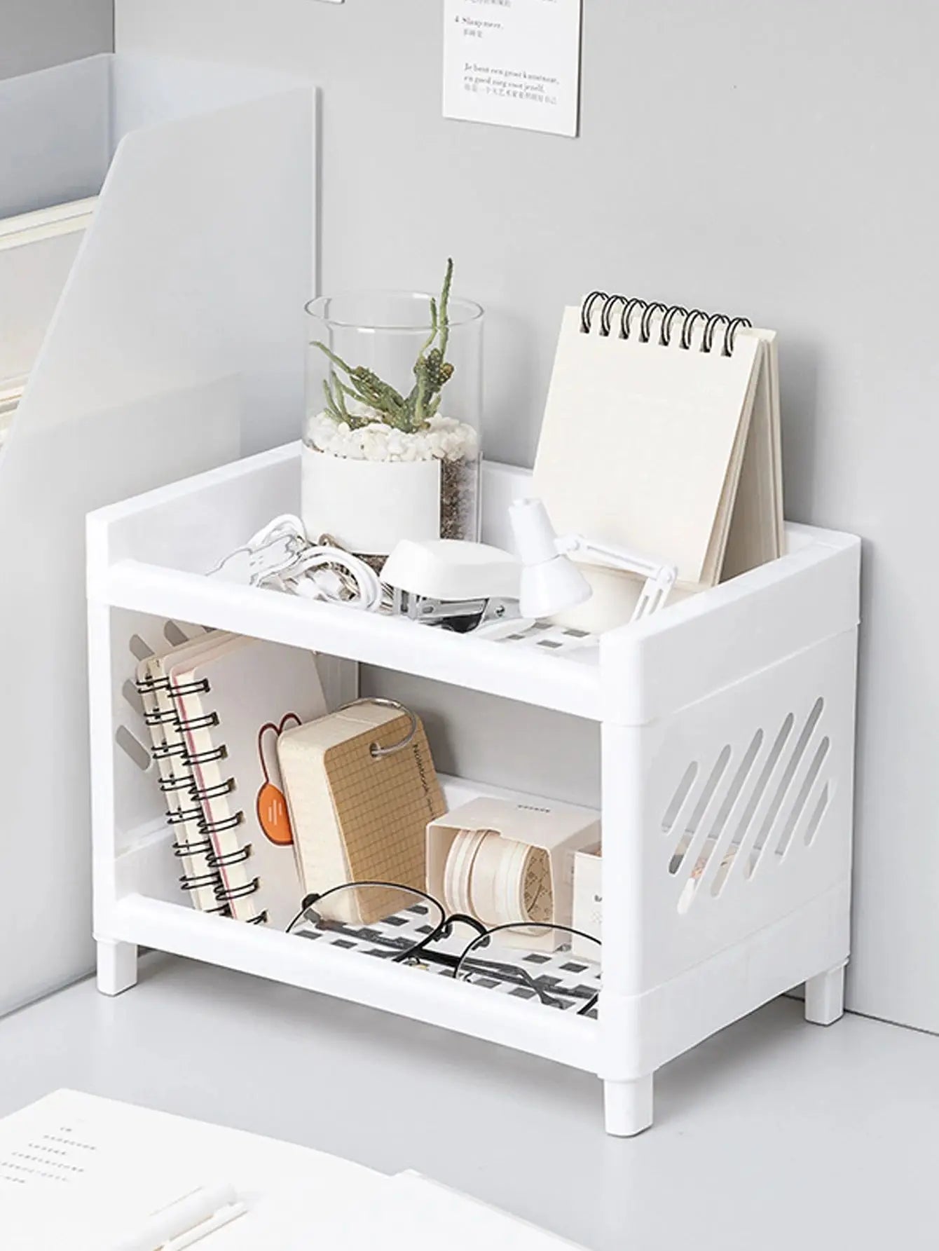 Double Layer Desktop Storage Rack – White Rectangular Organizer for Cosmetics, Stationery & Office Supplies