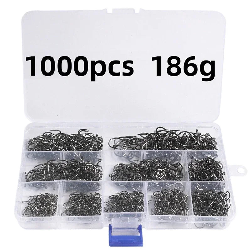 High-Carbon Steel Fishing Hooks Set – 50 to 1600pcs Barbed Circle Hooks in Tackle Box (Sizes 3#–12#)