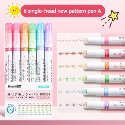 6Pcs Flower Line Shape Highlighter Pen Set – Curve Liner Roller Tip Markers for Creative Journaling