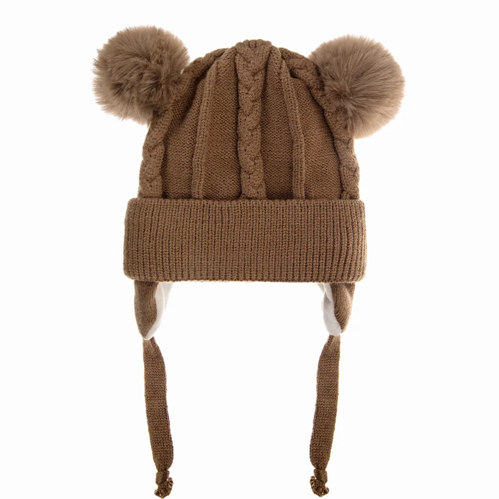 Bear Knit Winter Hat – Warm Baby Earmuff Cap with Pompoms & Cotton Lining