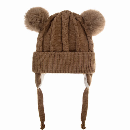 Bear Knit Winter Hat – Warm Baby Earmuff Cap with Pompoms & Cotton Lining