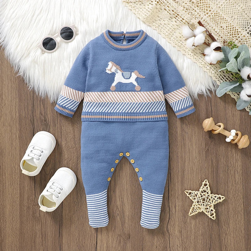 Blue Knit Baby Romper – Long Sleeve Jumpsuit for Newborn Boys & Unisex Winter Wear