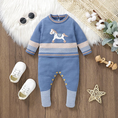 Blue Knit Baby Romper – Long Sleeve Jumpsuit for Newborn Boys & Unisex Winter Wear