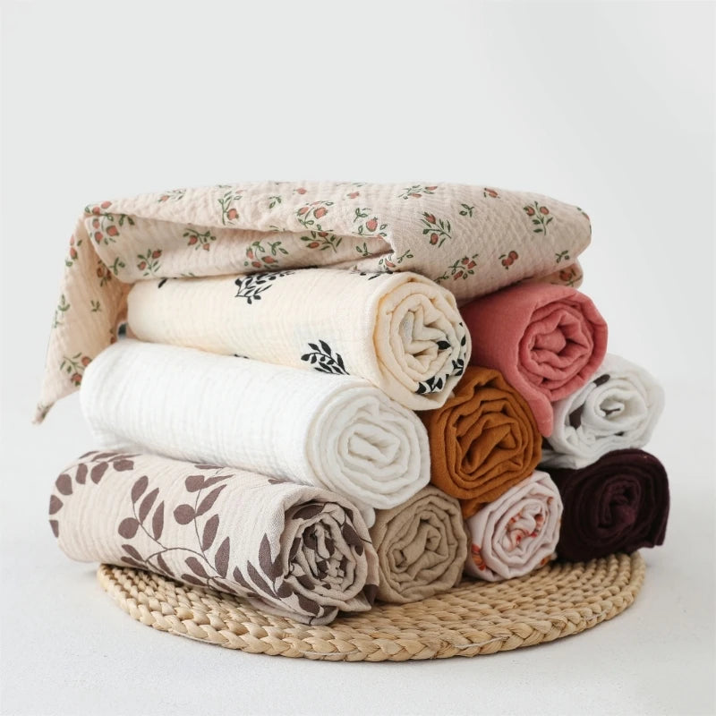 Cotton Muslin Baby Swaddle Blanket – Solid & Floral Print Crinkle Fabric for Newborns and Toddlers