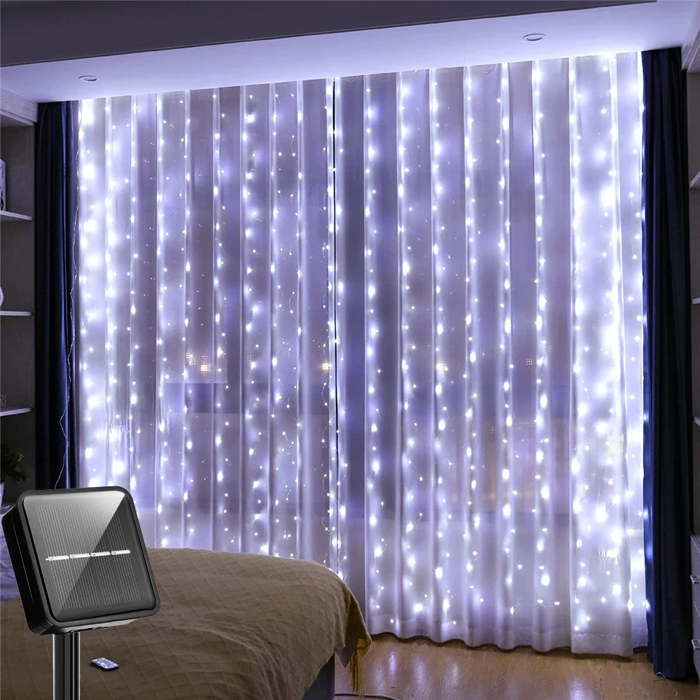 Solar Curtain Light LED Outdoor Waterproof – 300 LEDs Fairy Garland String Lights for Yard, Wedding & Party Decoration
