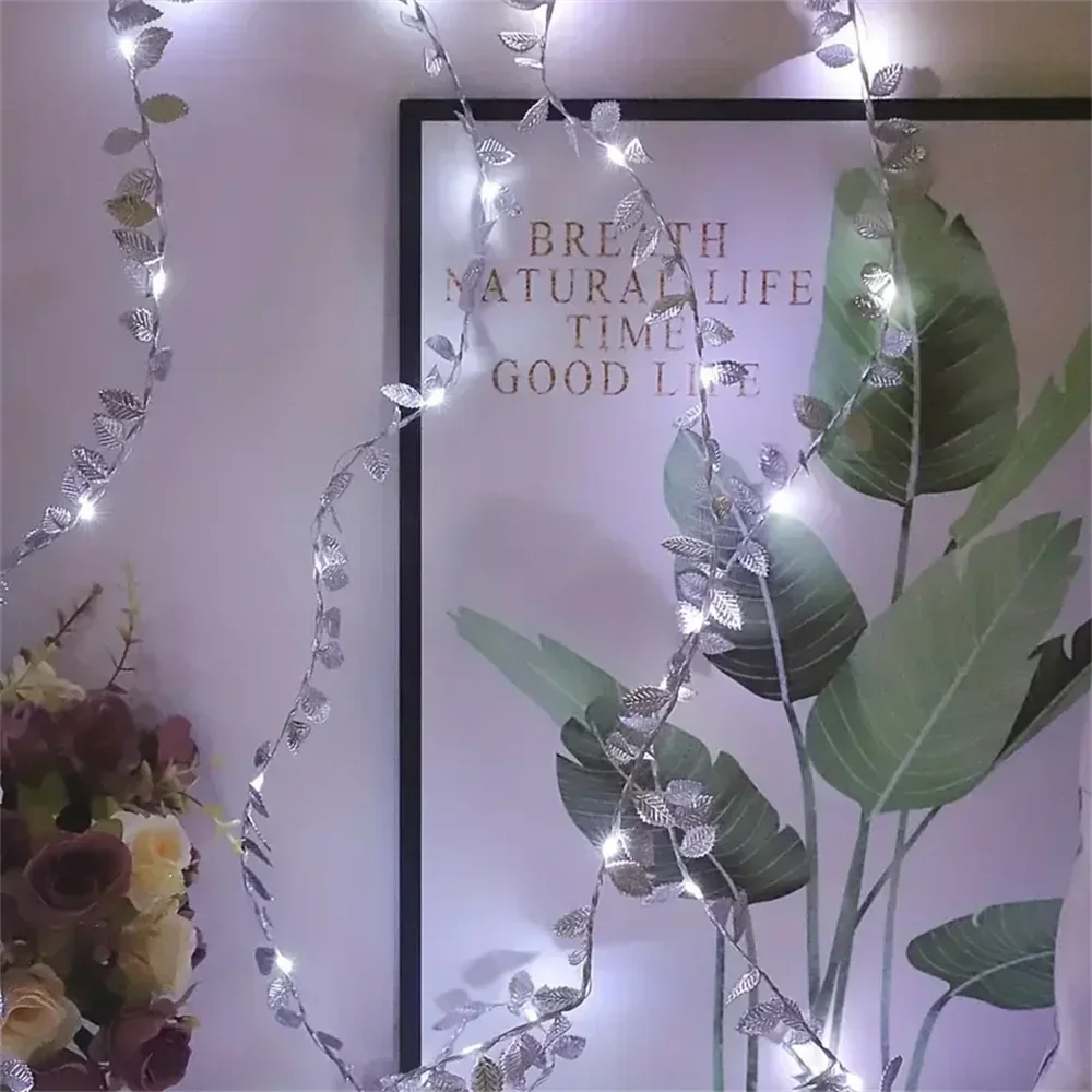 20/50/100LEDs Golden Silver Tiny Leaves Fairy Light Battery Powerd Artificial Plant Garland Vine Lights for Wedding Home Party