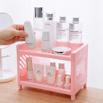 Double Layer Desktop Storage Rack – White Rectangular Organizer for Cosmetics, Stationery & Office Supplies