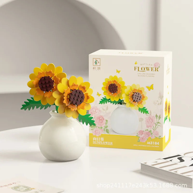 Flower Building Block Set with Pot – DIY Bouquet Kit with Roses, Lilies & Decorative Display Vase