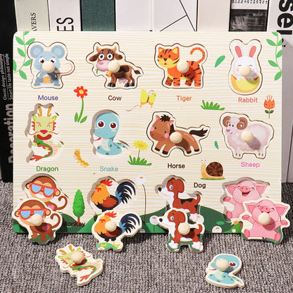 ﻿Montessori Wooden Hand Grab Boards Baby Educational Cartoon Vehicle Animals Fruits 3D Puzzles Kids Early Education Toys TMZ﻿