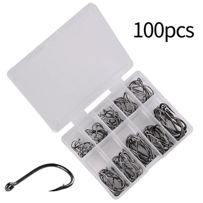 100Pcs High Carbon Steel Fishing Hooks Set – Assorted Barbed Carp Hooks for Fly & Jig Fishing