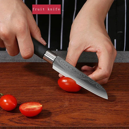 Laser Damascus Pattern Kitchen Knife & Scissors Set – Stainless Steel Utility Knives with Sharpening Rod for Precise Slicing