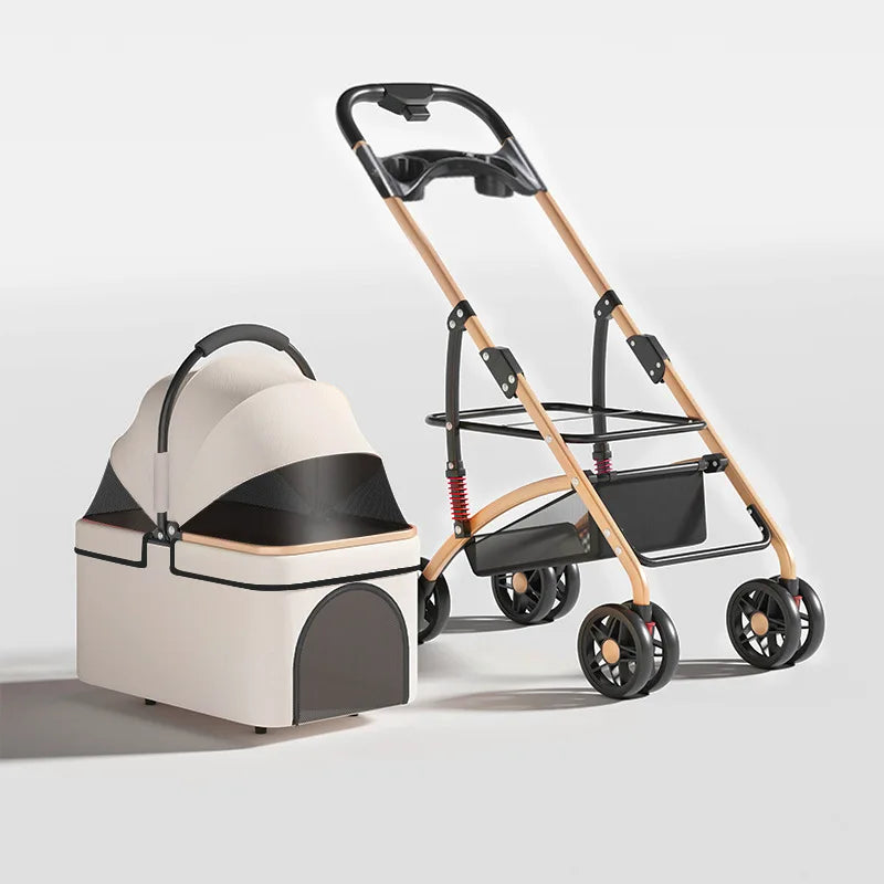 Pet Stroller for Small Dogs & Cats – Lightweight Foldable Stroller Cart with Detachable Carrier, Bed & House