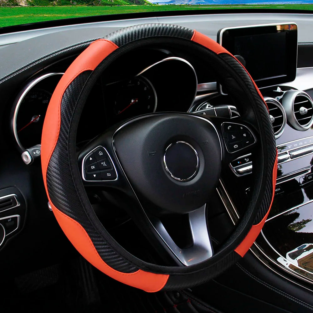 PU Carbon Fiber Leather Steering Wheel Cover – Fits 14.5–15 Inch Cars, Durable Automotive Accessory