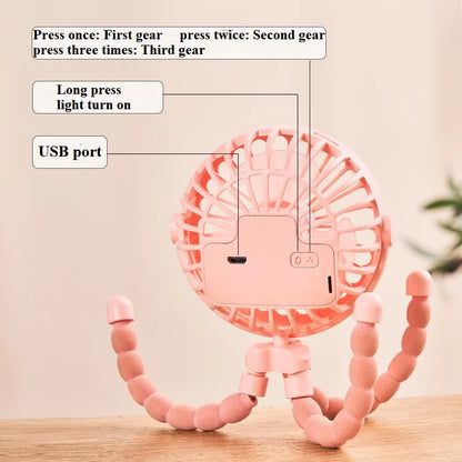 Mini Portable Baby Stroller Fan – USB Rechargeable 3-Speed Flexible Octopus Clip-On Fan