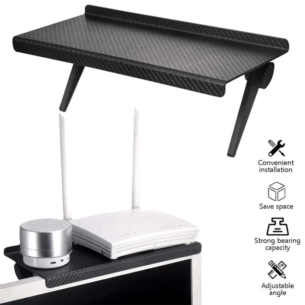 No-Drill Computer & TV Screen Storage Rack – Adjustable Shelf for Router, Set-Top Box, Phones & More