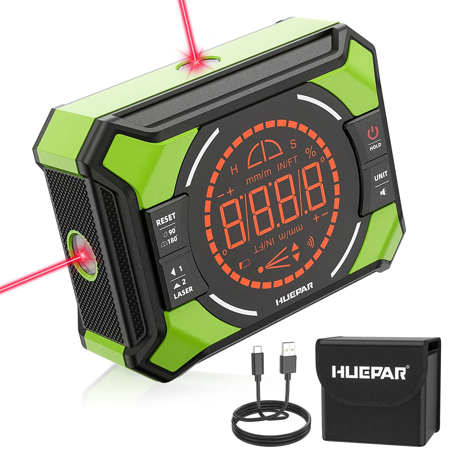 Huepar Digital Laser Angle Gauge – 3-in-1 Electronic Protractor with LCD Display, Magnetic Inclinometer & Laser Dot Level Tool (AG2L)