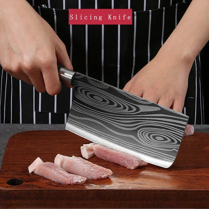 Laser Damascus Pattern Kitchen Knife & Scissors Set – Stainless Steel Utility Knives with Sharpening Rod for Precise Slicing