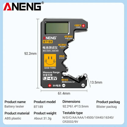 ANENG BT189 Universal Battery Tester – LCD Digital Battery Checker for AA, AAA, Button Cells & 9V Batteries