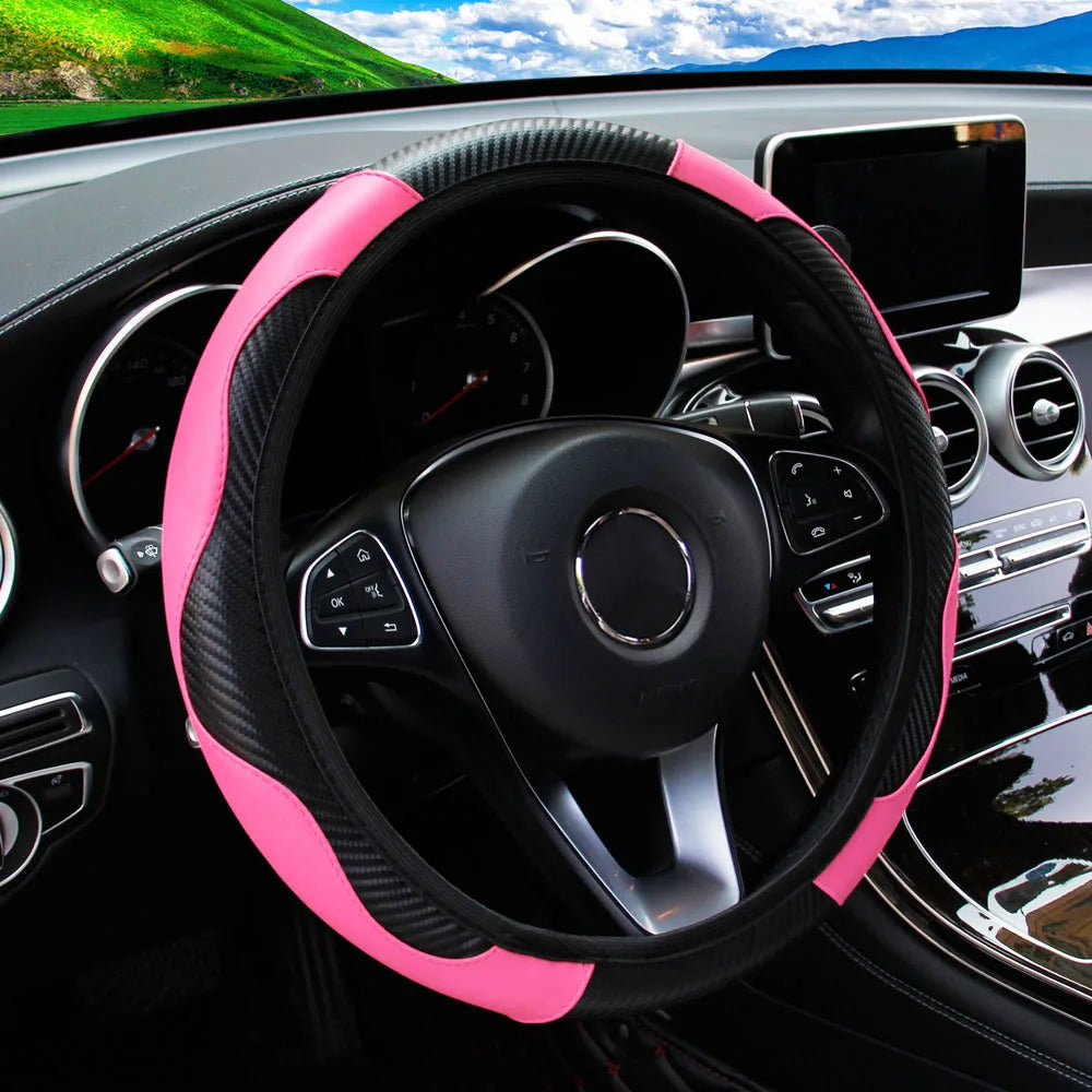PU Carbon Fiber Leather Steering Wheel Cover – Fits 14.5–15 Inch Cars, Durable Automotive Accessory