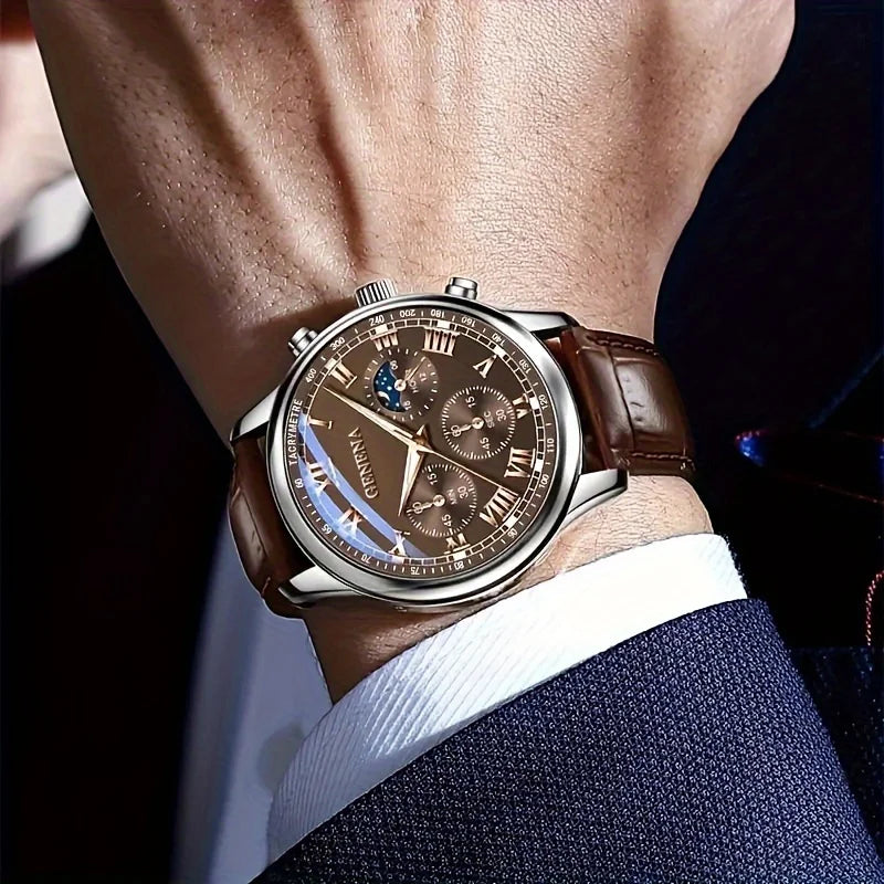 GENEVA Men's Fashion Quartz Watch – Waterproof Business Sport Wristwatch with Leather Strap