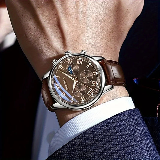 GENEVA Men's Fashion Quartz Watch – Waterproof Business Sport Wristwatch with Leather Strap