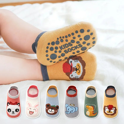 6 Pairs Kids Cotton Socks – Cute Cartoon Animal Pattern Non-Slip Floor Socks for Babies & Toddlers