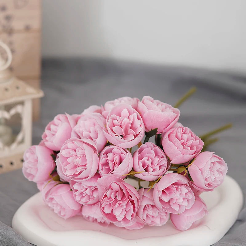27 Heads Artificial Silk Pink Peony Rose Bouquet for Home Wedding Decoration