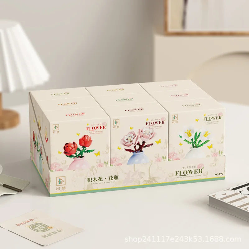 Flower Building Block Set with Pot – DIY Bouquet Kit with Roses, Lilies & Decorative Display Vase