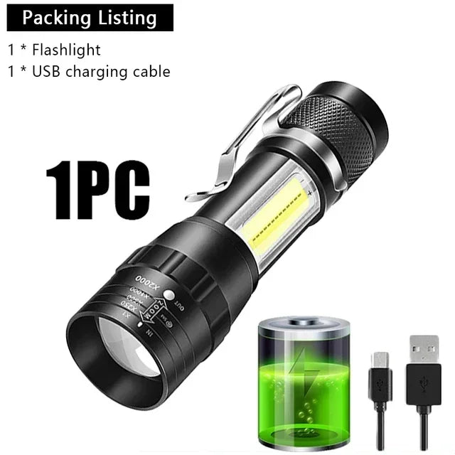 COB + XPE Mini USB Rechargeable Flashlight – Zoomable Small Torch with Clip, 350 Lumens, Waterproof Emergency Light for Camping, Hiking, Fishing