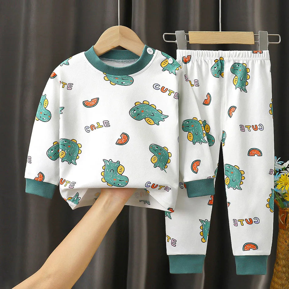 Unisex Cotton Dinosaur Pajamas Set – Soft & Durable Kids Sleepwear for Spring and Autumn