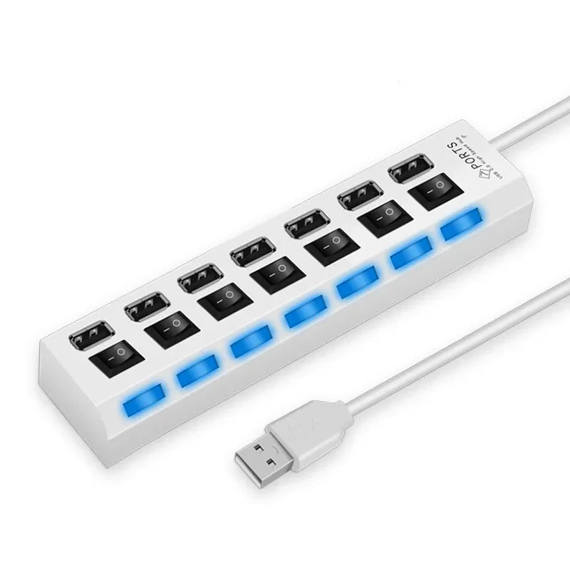 Multi USB Splitter Hub 2.0 – 4/7 Port High-Speed USB Expander with LED Switch for PC & Laptop Data Transfer