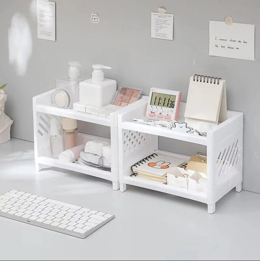 Double Layer Desktop Storage Rack – White Rectangular Organizer for Cosmetics, Stationery & Office Supplies